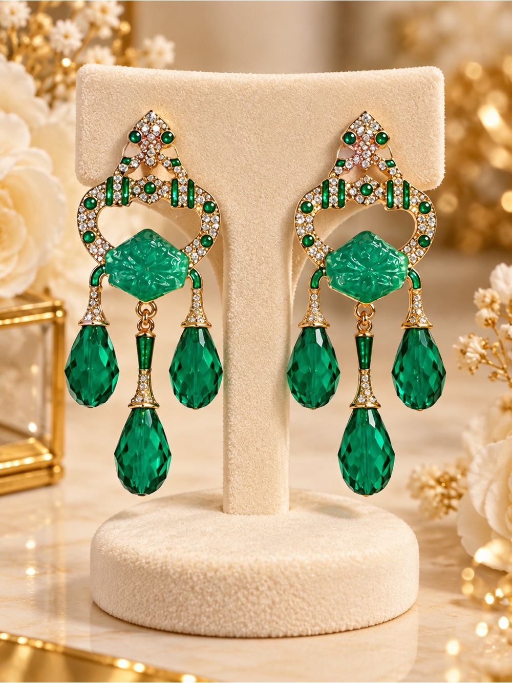 Gold-Tone Emerald Green Crystal Drop Earrings